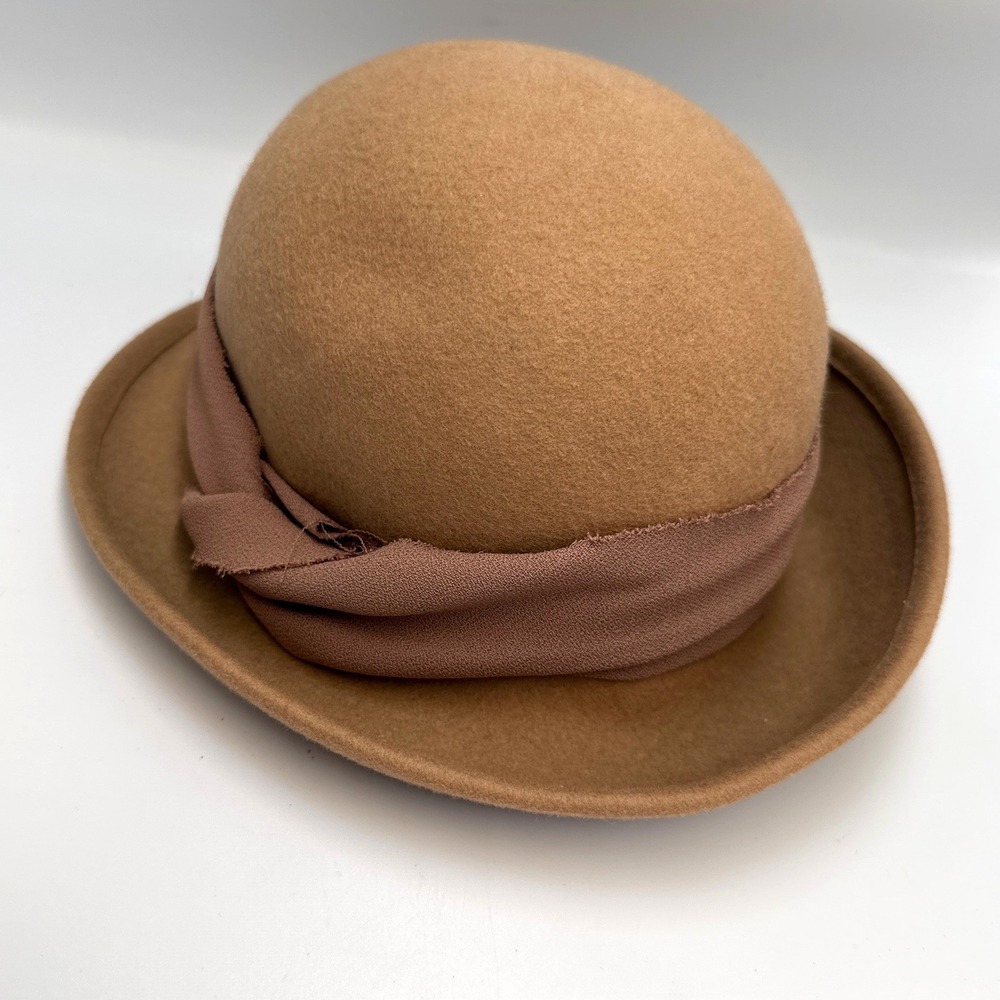 Cloche Hat 100% Wool Felt W/Fabric accent Asymmetrica Brim Womens Camel Retro‎ - Picture 5 of 8